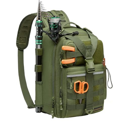 BASSDASH Convertible Fishing Backpack Sling Bag with Rod Holder, Adjustable Tactical Water-Resistant Tackle Storage Pack FP07 - color: Army Green, size: Large