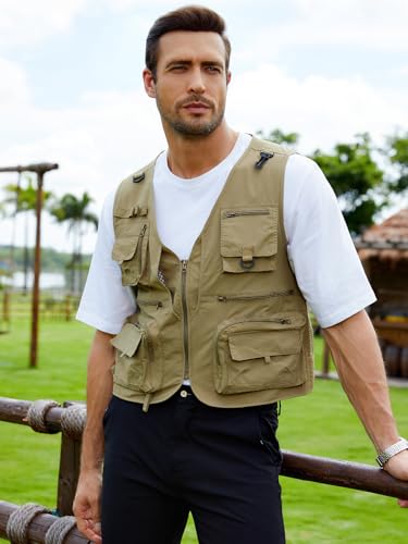 Gihuo Mens Fishing Vest Lightweight Utility Vests Cargo Outdoor Safari Travel Vest with Pockets - color: Khaki, size: X-Large