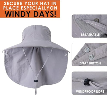 Mens Women Fishing Hat UPF 50+ Wide Brim Sun Hat with Face Cover & Neck Flap - color: Grey