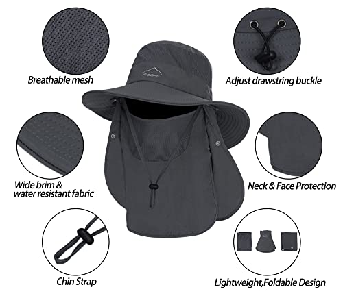 Sun Hat for Men Women, Summer UV Sun Protection Wide Brim Fishing Hat for Men with Face Cover & Neck for Hiking - color: Dark Grey(with Face Cover & Neck Flap)
