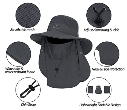 Sun Hat for Men Women, Summer UV Sun Protection Wide Brim Fishing Hat for Men with Face Cover & Neck for Hiking - color: Dark Grey(with Face Cover & Neck Flap)