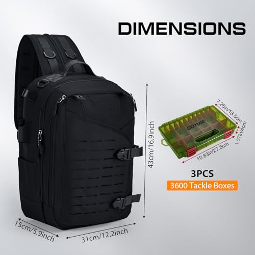 Goture Black Tackle Bag with Trays, Fishing Backpack for Men Professional Fishing Gear Organizer with MOLLE System, Rod Holder - color: Black, style: 900d Water-resistant Oxford Backpack + (3)3600 Trays