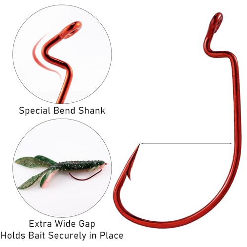 Dr.Fish EWG Hooks Bass Fishing Worm Hooks Extra Wide Gap Freshwater Fishing Carolina/Texas Rig - color: Red, size: #2/0-50 Pack