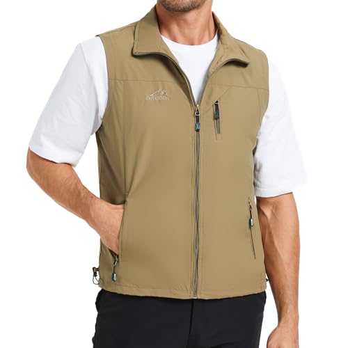 KIWI RATA Mens Casual Lightweight Outdoor Vest Summer Fishing Safari Travel Outerwear Vests Cargo Utility Jacket - color: Khaki, size: Small