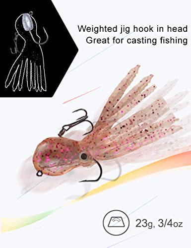 Octopus Swimbait Soft Fishing Lure with Skirt Tail - 3D Realistic Squid Bait Durable TPE Squid Jig Lingcod Rockfish Jigs for Saltwater Ocean Fishing, 5Pcs/Pack