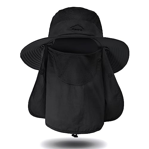 Sun Hat for Men Women, Summer UV Sun Protection Wide Brim Fishing Hat for Men with Face Cover & Neck for Hiking - color: Black(with Face Cover & Neck Flap)