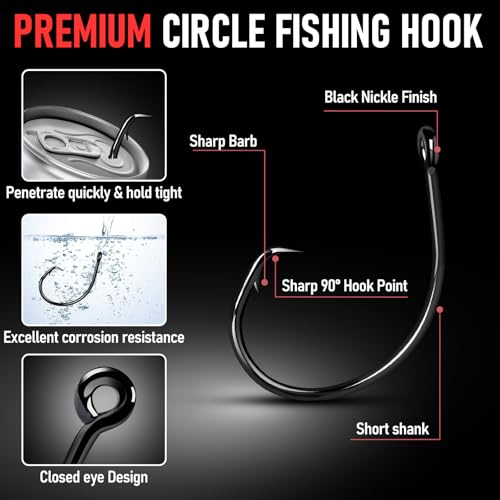 Alwonder 100-Pack Circle Hooks in-Line Fishing Hooks 3X Strong for Catfish, High Carbon Steel Non-Offset Closed Eye Wide Gap Circle Hook for Bass Striper Trout Bluegill Walleye - #4#1#1/0#2/0#3/0 - color: 1X Strong