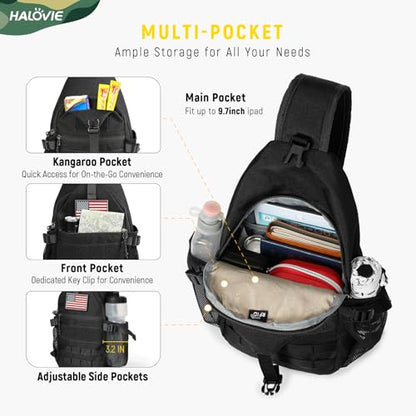 HALOVIE Anti-theft Sling Backpack RFID Crossbody Travel Daypack | Lightweight, Molle, Phone Pack, Hiking Trip Daily Use One Shoulder Bag, EDC Tactical Chest Side Pack Gift for Men - color: Black