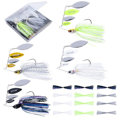 Goture Spinner Baits, Hard Metal Spinnerbaits Kit with 4 Spinner Blades, Spare Skirts Replacement, Buzzbait Spinnerbaits Fishing Lures for Bass Trout Pike Salmon Walleye Freshwater Saltwater - color: A1:4pcs(White&Gold&Fluorescent Green&Black), size: 5g 3