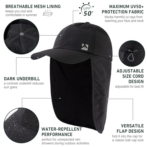 TOP-EX L/XL/XXL UV50+ Waterproof Neck Flap Baseball Sun Cap - color: Black, size: X-Large