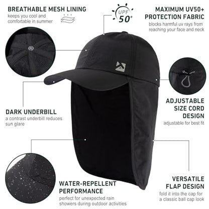 TOP-EX L/XL/XXL UV50+ Waterproof Neck Flap Baseball Sun Cap - color: Black, size: XX-Large
