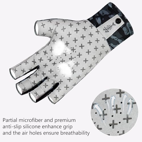 BASSDASH 3/4 Finger UPF 50+ Sun Gloves Breathable Anti-Slip Silicone Palm for Men Women Fishing Fingerless Cycling Running - color: Black Camo, size: Small