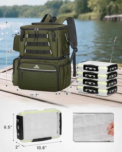 MATEIN Fishing Backpack with 4 Tackle Boxes, Fishing Bag with Rod Holder | 3600 Tackle Box 4 Pack, Water Resistant Tackle Backpack with Cooler Compartment, Safety Compass, Gifts for Fishermen - color: Olive Green