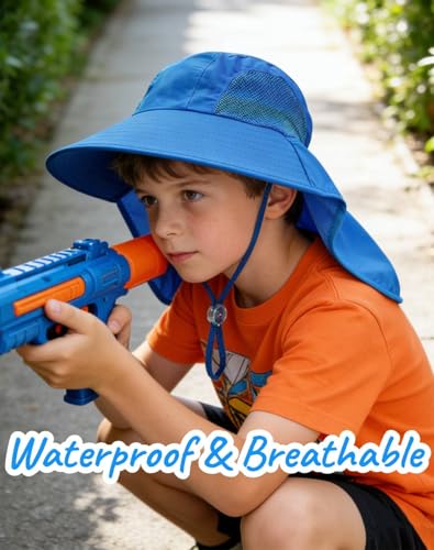 Rosoz Kids Sun Hat with Neck Flap UV Protection Summer Toddler Beach Hat Unisex Ponytail Hat Wide Brim Fishing Hat - color: Blue+lake Blue