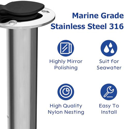 Fishing Rod Holder 2 Pack, 316 Stainless Steel 15/30/90 Degree Rod Holders for Fishing Boat, Flush Mount with Cap, Heavy Duty