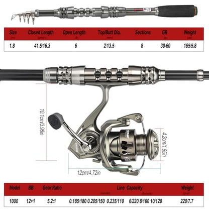 Sougayilang Fishing Rod and Reel Combo – 5.9FT Telescopic Carbon Fiber Fishing Pole with 12+1 BB Spinning Reel, Saltwater Freshwater Kit - color: 5.9FT- Fishing Rod and Reel
