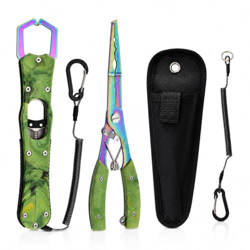 YINEE Fishing Pliers and Fish Lip Gripper Set, Stainless Steel Fishing Gear, Saltwater Hook Remover Split Ring Tool - color: Green-Fishing Pliers&Fish Lip Grippe