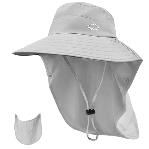 Rosoz Sun Hat for Men Women with Neck Flap,Wide Brim UPF50+ Fishing Hat with Detachable Face Cover Outdoor Sun Protection Hat - color: 1pack-light Grey