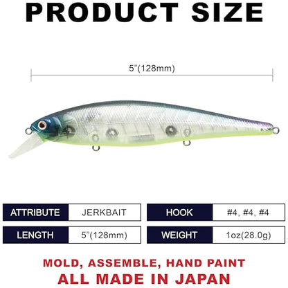 LUCKY CRAFT Pointer 128SP, Freshwater Lake Bass Fishing Lure, Jerkbait, Suspending, Fishing Gear, Fishing Accessories, Fishing Tackle - color: 371 Bone Pro-Blue