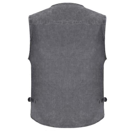 Men's Stone Washed Denim Multi-pocketed Fishing Work Outerwear Vest - color: Black, size: Large
