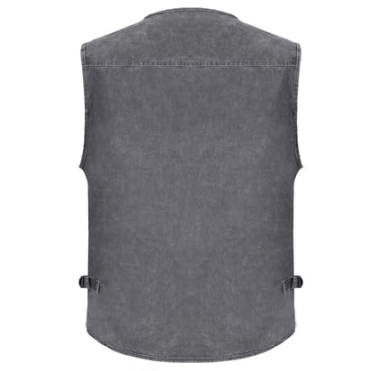 Men's Stone Washed Denim Multi-pocketed Fishing Work Outerwear Vest - color: Black, size: Large