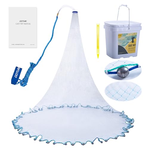 Goture American Fishing Cast Net Saltwater Freshwater,3/8in Mesh Size Casting Net for Bait Fish Shrimp Trap,Pure Lead Sinkers Dual Color Double Selvage,3ft-12ft Radius Throw Cast Net with Needle - size: 3FT Radius, style: A:3/8"mesh,0.75lb Lead Sinker