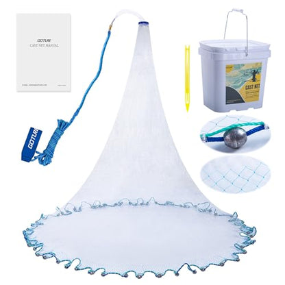 Goture American Fishing Cast Net Saltwater Freshwater,3/8in Mesh Size Casting Net for Bait Fish Shrimp Trap,Pure Lead Sinkers Dual Color Double Selvage,3ft-12ft Radius Throw Cast Net with Needle - size: 3FT Radius, style: A:3/8"mesh,0.75lb Lead Sinker