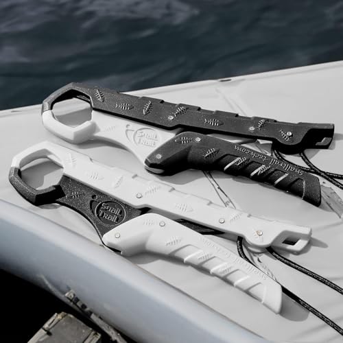 SNAIL TRAIL 7.5'' Floating Fish Gripper, Fishing Grabber | Catfish Mouth Pliers, Caught Bass Holder, Fish Scale Hook Clamp, Saltwater Lip Grip Tool with Lanyard, Gifts for Men - color: White-black