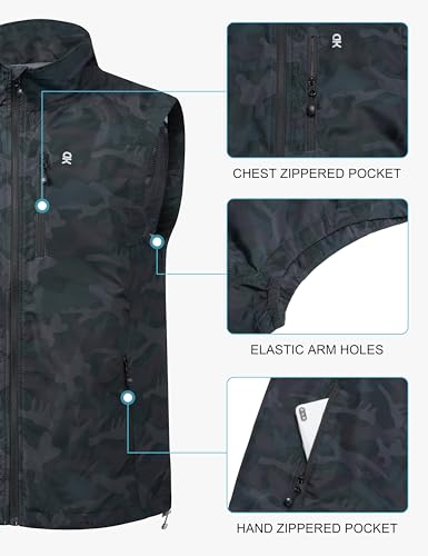 Little Donkey Andy Men's Lightweight Quick Dry Vest Packble Outerwear Sleeveless Windproof Jacket for Golfing Cycling Running - color: Black Camo, size: Medium