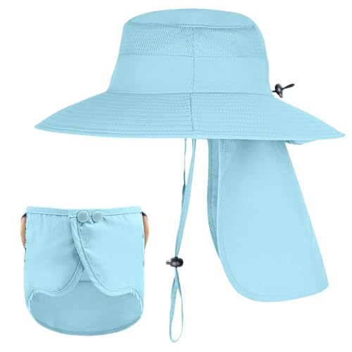 Sun Hats for Men Women Fishing Hat UPF 50+ Breathable Wide Brim Bucket Hats Summer UV Protection Safari Hat with Neck Flap - color: Blue (With Face Cover)
