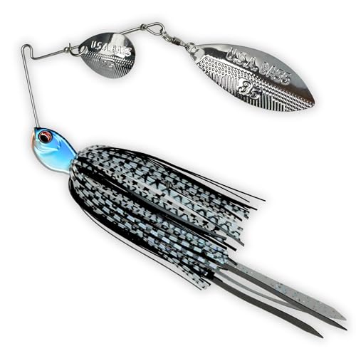 USA BASS Tackle Apache Attack Spinnerbait Type II Largemouth Smallmouth Spotted Bass Premium Fishing Bait Handtied Skirt Custom Blades Heavy Duty Hook New for 2025 - color: DK Threadfin, size: 1/2oz - Willow/Colorado