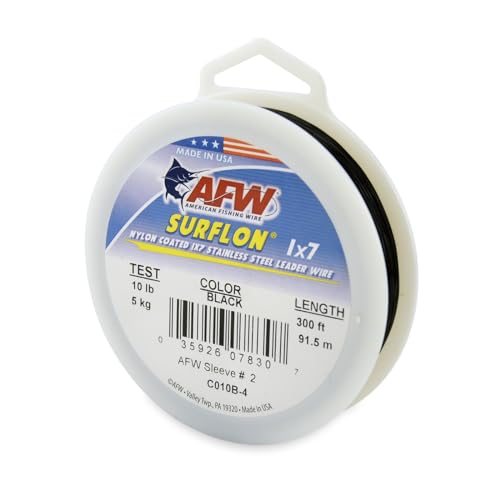 American Fishing Wire Surflon Nylon Coated 1x7 Stainless Steel Wire Leader - Wire Fishing Leader Line for Saltwater 10lb Up To 250lb Test in Bright, Black, Camo in 30ft, 100ft, 300ft, & 1000ft Lengths - color: Black, style: 300 Feet, 10 Pound Test