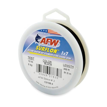 American Fishing Wire Surflon Nylon Coated 1x7 Stainless Steel Wire Leader - Wire Fishing Leader Line for Saltwater 10lb Up To 250lb Test in Bright, Black, Camo in 30ft, 100ft, 300ft, & 1000ft Lengths - color: Black, style: 300 Feet, 10 Pound Test