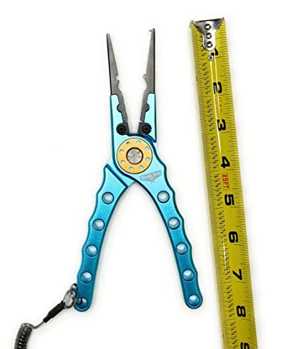 Fishing Pliers and Holster Case with Lanyard, Corrosion Resistant, Hook remover, Crimper, Aircraft Aluminum, 8 Inch Needle Nose, Stainless Steel Line Cutter, Braid Cutter, Blue, Boat Trix Branded