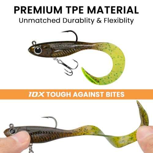 TRUSCEND Duramax Easy Catch Soft Fishing Lures with BKK Hook, Trembly Sinking & Vibrating Swim for More Bites, Pre-Rigged Curly & T-Tail Swimbait for Bass, Trout, Crappie, Freshwater Saltwater Fishing - color: A3-4"-1/2oz