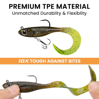 TRUSCEND Duramax Easy Catch Soft Fishing Lures with BKK Hook, Trembly Sinking & Vibrating Swim for More Bites, Pre-Rigged Curly & T-Tail Swimbait for Bass, Trout, Crappie, Freshwater Saltwater Fishing - color: A3-4"-1/2oz