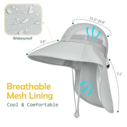Kids Sun Hat UPF50+ Summer Beach Play Sun Protection Hats with Neck Flap for Ages 5~14 Girls Boys - color: Light Grey＆blue
