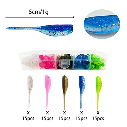 75pcs Crappie Lures Kit - Soft Plastic Coloured Crappie & Panfish Shad Baits - style: A-75pcs