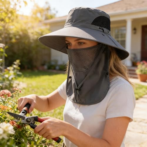 Sun Hat for Men and Women, UPF 50+ UV Protection, Wide Brim Breathable, Fish Hat with Neck Flap and Breathable Face Mask - color: Dark Gray