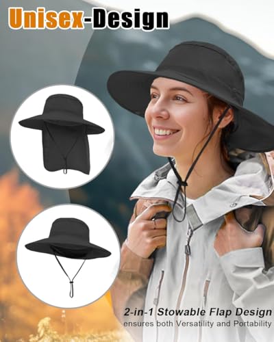Outdoor Sun Hats with Stowable Neck Flap for Men Women UPF 50+ Mesh Summer Bucket Hat Wide Brim for Fishing Safari Hiking - color: Black