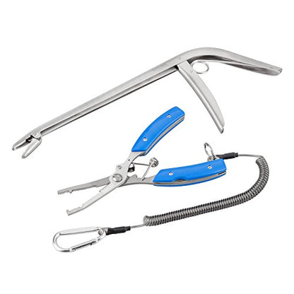 BASUNE Fishing Pliers and Fish Hook Remover with Line Cutter, Curved Nose Hook Remover Tackle Tool with Nylon Sheath and Fishing Gear Set (Blue)