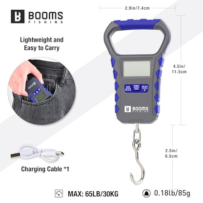 Booms Fishing Digital Fish Scale: USB Charging Fish Weigher 65lb Capacity - Waterproof Luggage Scale, LCD Display, Ergonomic Handle, Potrable Multi-use Fishing Accessories, Gray&Blue, XW50 - size: Only scale
