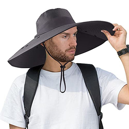 Super Wide Brim Fishing Hat UPF 50+ Sun Safari Hat with Removable Neck Face Flap - color: Dark Grey