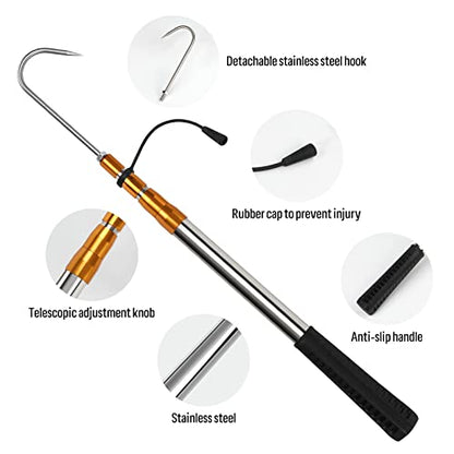 KOMCLUB Telescopic Fishing Gaff with Super Sharp Spear Hook Lightweight Hand Fish Gaff for Freshwater Saltwater Fishing - color: Gold