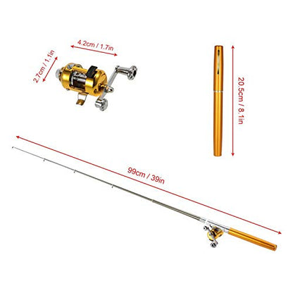 Jatzde Mini Portable Pocket Fish Rod Pen Aluminum Alloy Fishing Rod Pole Reel Combos… - color: Gold