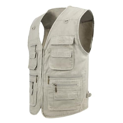 Men's Stone Washed Denim Multi-pocketed Fishing Work Outerwear Vest - color: Beige, size: XX-Large