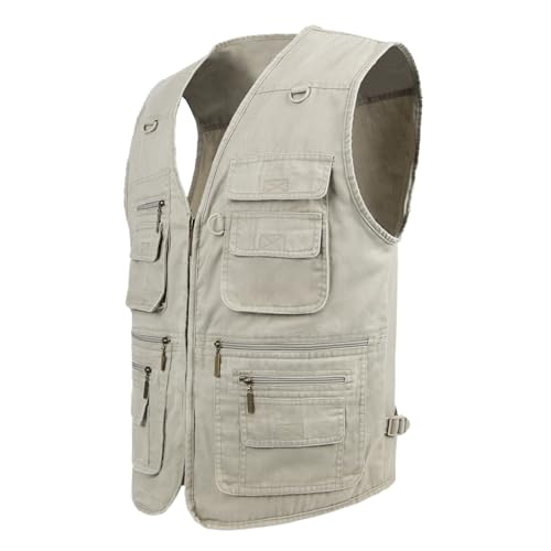 Men's Stone Washed Denim Multi-pocketed Fishing Work Outerwear Vest - color: Beige, size: X-Large