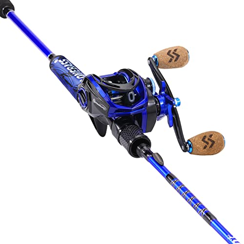 One Bass Fishing Rod and Reel Combo, IM7 Graphite 2 Pc Blank Baitcasting Combo, Spinning Rod with Super Polymer Handle - color: Blue- Casting- Left Handed, size: 7'0"-MH-Fast