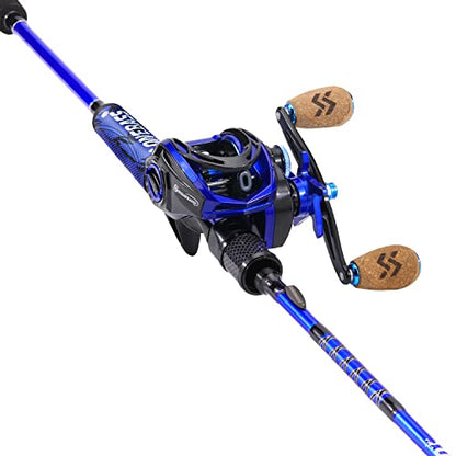 One Bass Fishing Rod and Reel Combo, IM7 Graphite 2 Pc Blank Baitcasting Combo, Spinning Rod with Super Polymer Handle - color: Blue- Casting- Left Handed, size: 6'6"-M-Fast