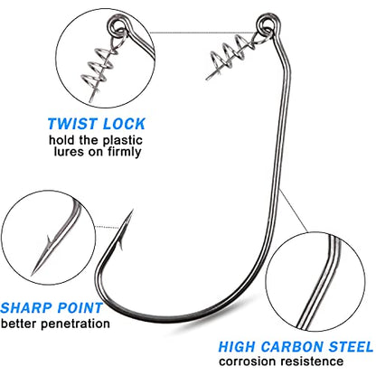 Twistlock Fishing Hooks,50pcs Bass Fishing Worm Hooks with Centering Pin Spring Unweighted Swimbait Hooks for Soft Plastics Lure Baits Saltwater Freshwater Size 1/0 2/0 3/0 4/0 5/0 - size: 5 sizes mixed-50pcs